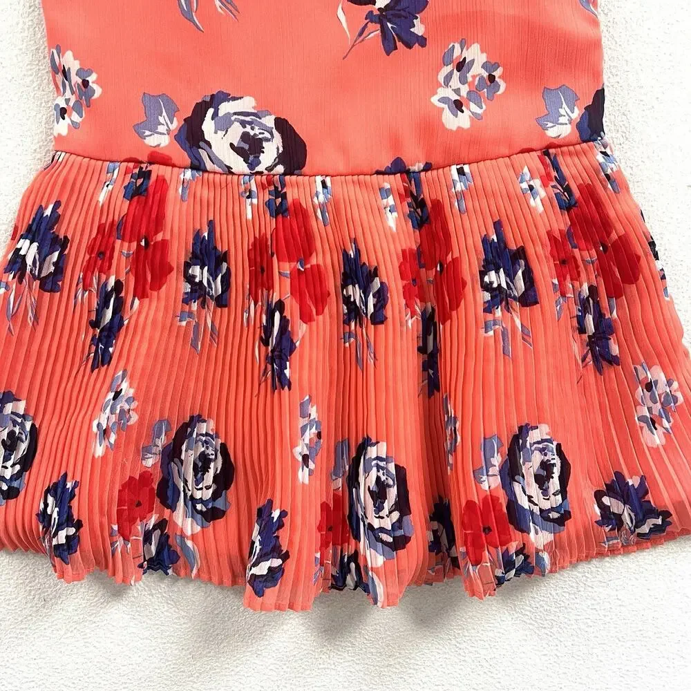 Janie And Jack Girl Vivid Coral Floral Print Chiffon Pleated Sleeveless Dress 6